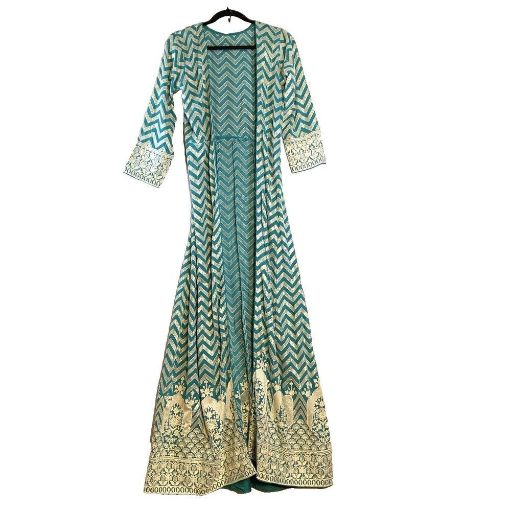 Indian size Small Teal Silver Embroidered Duster Coat Maxi Jacket Chevron Boho